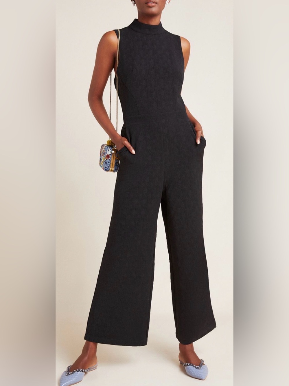 Anthropologie Eva Franco Charley Black Mock Neck Jumpsuit Wide Cropped Leg M NWT